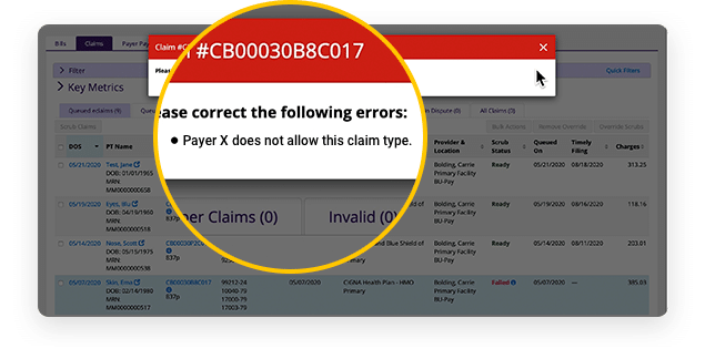 One of the claims in the queue is called out as not being allowed by the payer. One of the claims in the queue is called out as not being allowed by the payer.