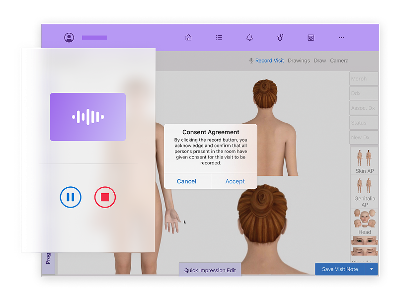 A screenshot from ModMed’s ambient listening solution’s consent agreement, ensuring patients are onboard with AI technology