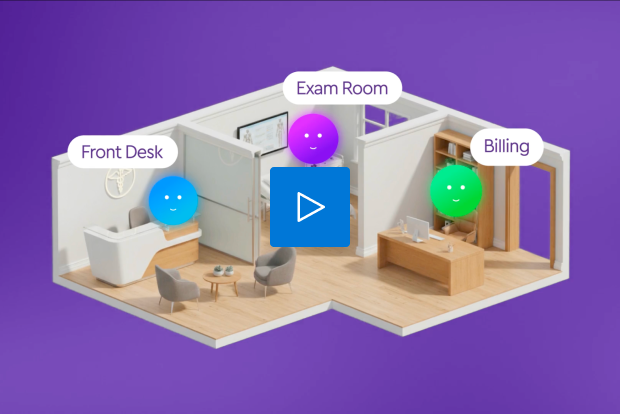 Video thumbnail of a 3D medical office layout featuring smiling digital assistants at the Front Desk, Exam Room, and Billing areas.