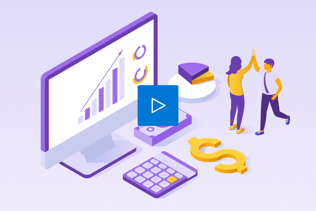 Video thumbnail illustration showing financial growth charts, a calculator, a dollar sign, and two people high-fiving.