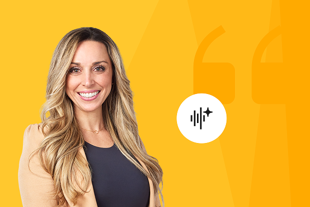 Smiling woman next to an audio waveform icon and large quotation marks on a yellow background.