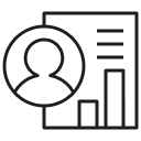 A simple black and white line icon featuring a stylized user profile silhouette in a circle overlapping a document that contains lines of text and a bar chart, representing patient records or longitudinal data.