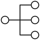 A simple black and white line icon showing a hierarchical tree diagram, with a single node on the left branching out into three separate nodes on the right, representing granularity or specialty-specific data.