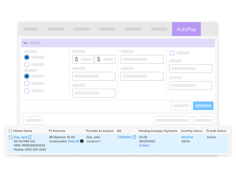 A digital interface mockup of a medical billing application with an 'AutoPay' tab selected. It features abstract configuration fields above and a detailed patient data table below, highlighting a record for Jane Doe with an unallocated amount of $450.00 and an active patient authorization status.
