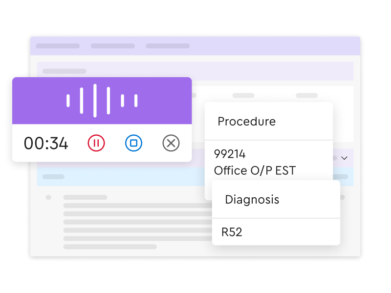 A digital medical interface mockup featuring a floating audio recording widget at 34 seconds and a pop-up menu displaying Procedure code 99214 for Office O/P EST and Diagnosis code R52, all layered over a blurred application window.