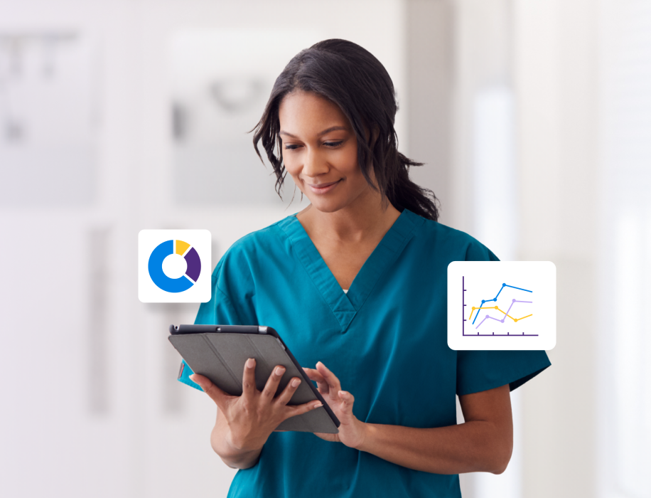 A smiling female healthcare professional in teal scrubs standing in a bright, blurred clinical setting, looking at and touching a digital tablet. Two digital icons float on either side of her: a multi-colored donut chart on the left and a line graph on the right.