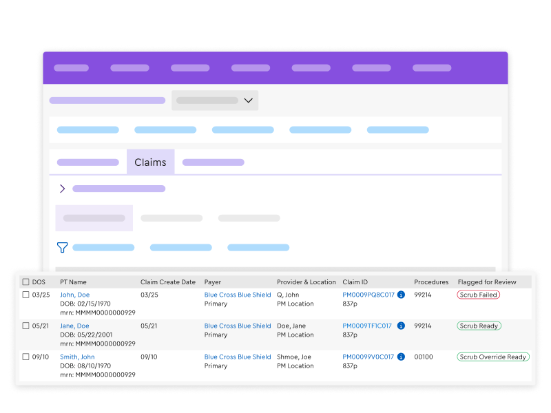 A digital interface mockup of a medical practice management software focusing on a 'Claims' tab. It features an abstract purple and white dashboard layout with a detailed table below showing three patient claims for John Doe, Jane Doe, and John Smith, displaying their dates of service, Blue Cross Blue Shield payer information, claim IDs, procedure codes, and review statuses such as Scrub Failed, Scrub Ready, and Scrub Override Ready.
