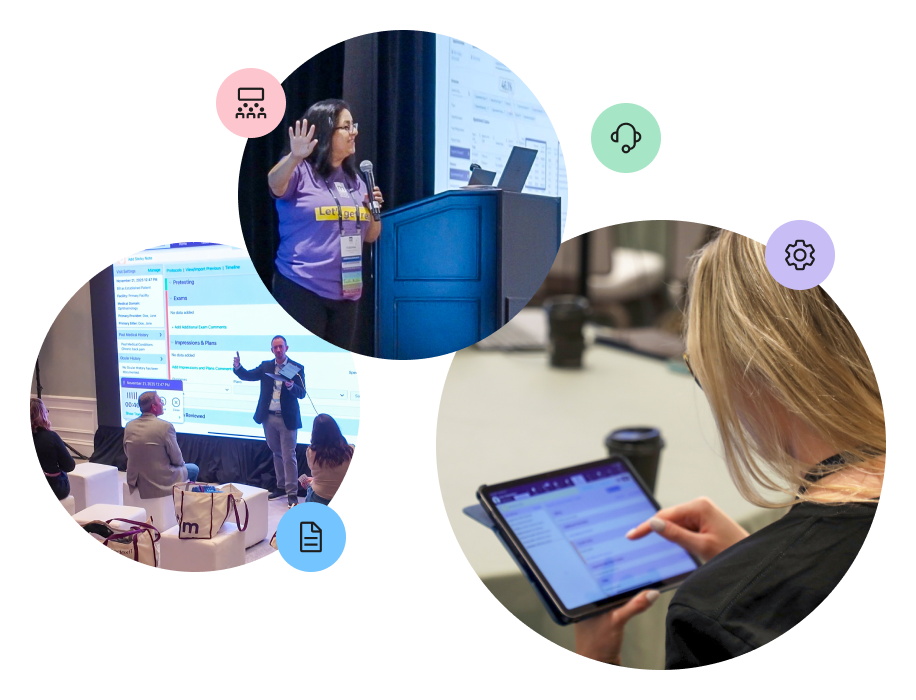 A collage of three circular photos on a black background illustrating training scenarios: a woman speaking into a microphone at a podium, a man presenting a software interface on a large screen to an audience, and an over-the-shoulder view of a woman using a tablet. The photos are accompanied by floating colorful icons representing a classroom, a document, customer support, and settings.